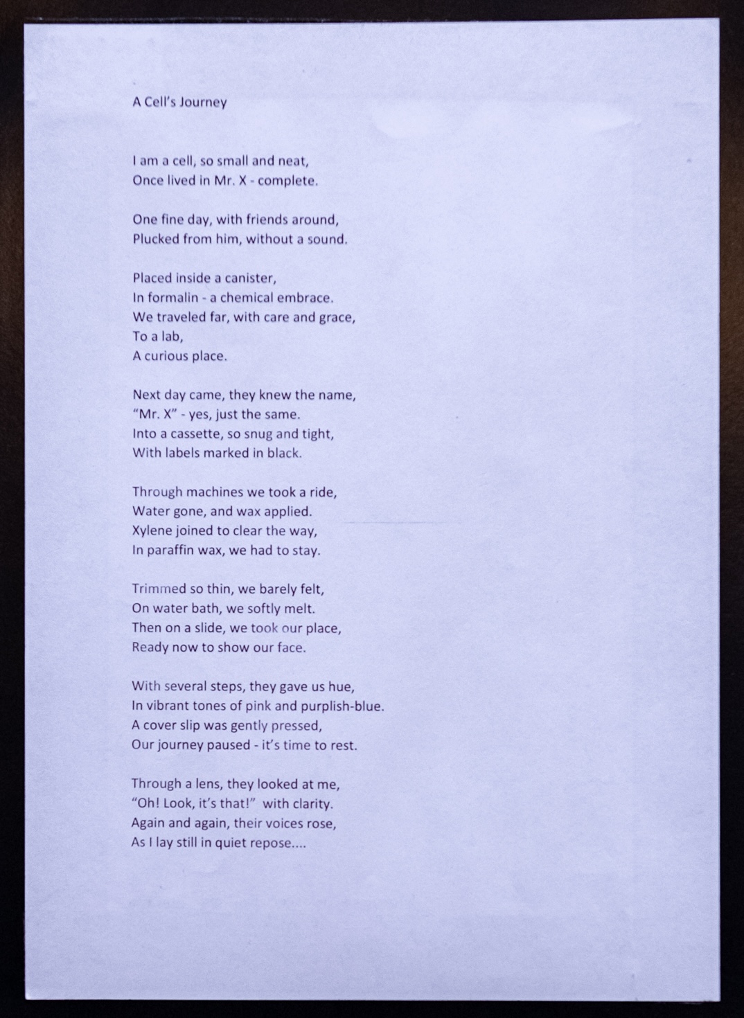 ‘A cell's journey’ by Dr Mohamed Naseer Fathima Amra